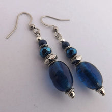 Load image into Gallery viewer, Dark Blue &amp; Silver Handmade Glass Bead Earrings
