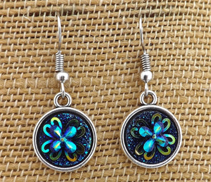 Dark Blue 3D Flower AB Lustre - Drop Dome Earrings