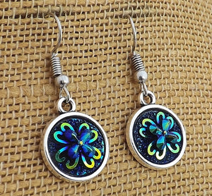 Dark Blue 3D Flower AB Lustre - Drop Dome Earrings