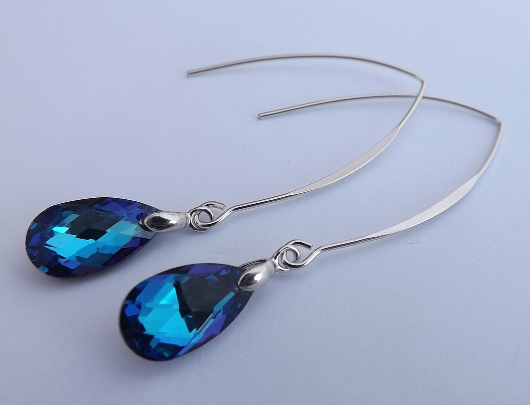 Dark Blue Crystal Teardrop Earrings on Long Silver Tone Kidney Hooks