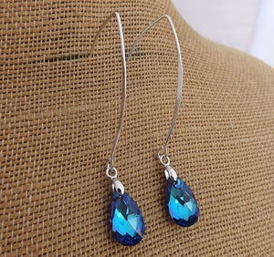 Dark Blue Crystal Teardrop Earrings on Long Silver Tone Kidney Hooks