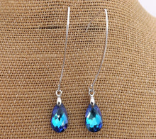 Load image into Gallery viewer, Dark Blue Crystal Teardrop Earrings on Long Silver Tone Kidney Hooks
