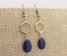 Load image into Gallery viewer, Dark Blue Drop Earrings with Gold Tone Hexagon
