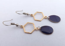 Load image into Gallery viewer, Dark Blue Drop Earrings with Gold Tone Hexagon
