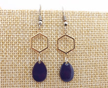 Load image into Gallery viewer, Dark Blue Drop Earrings with Gold Tone Hexagon
