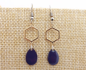 Dark Blue Drop Earrings with Gold Tone Hexagon