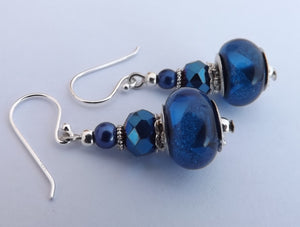 Dark Blue Metallic Finish Acrylic Bead Earrings on Sterling Silver Hooks