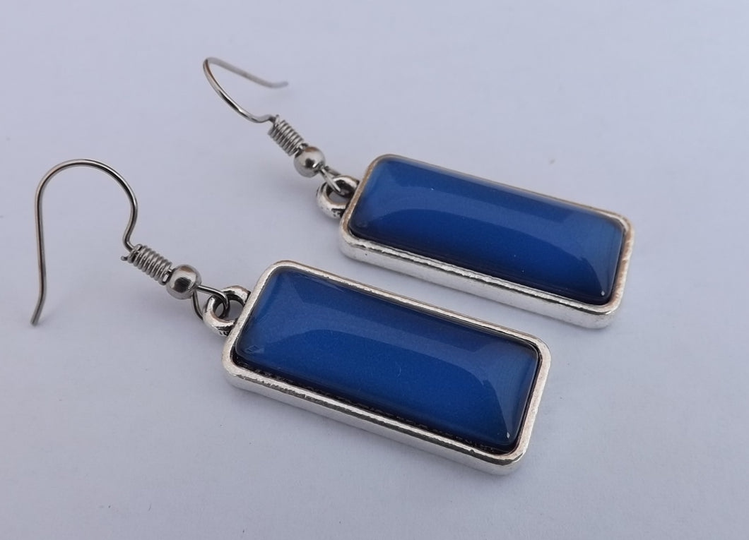 Dark Blue Rectangle Dome Drop Earrings