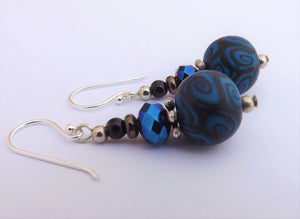 Dark Blue & Black Kathryn Design Bead Earrings on Sterling Silver Hooks