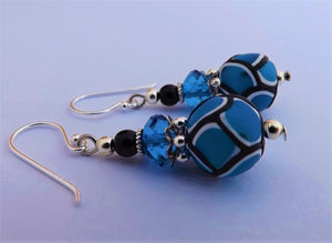 Dark Blue, Black & White Kathryn Design bead earrings, sterling silver Hooks