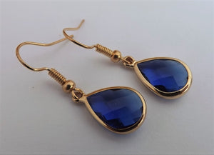 Dark Blue & Gold Tone Faceted Teardrop Earrings