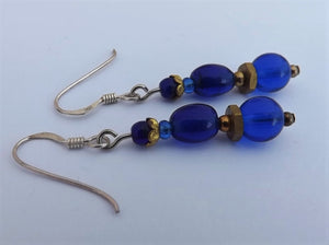 Dark Blue & Gold Tone Glass Bead Earrings
