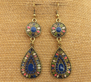 Dark Blue, Green, Pink & Gold Dotted Teardrop Earrings