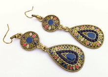 Load image into Gallery viewer, Dark Blue, Green, Pink &amp; Gold Dotted Teardrop Earrings
