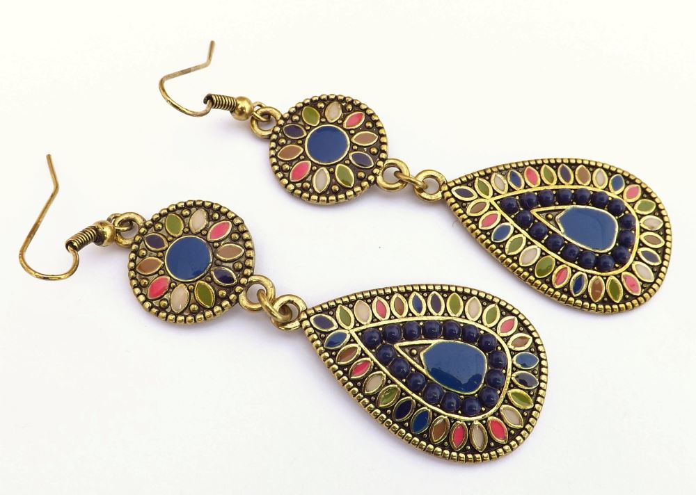 Dark Blue, Green, Pink & Gold Dotted Teardrop Earrings