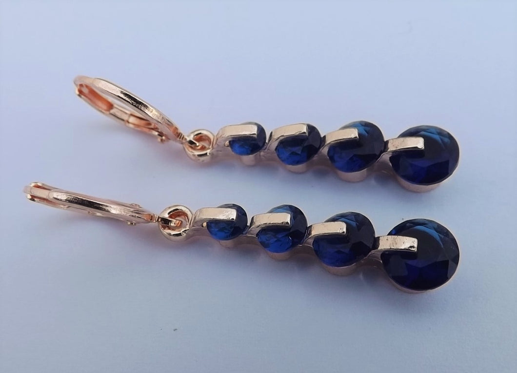 Dark Blue & Rose Gold Tone Drop Earrings on Lever Back Hooks