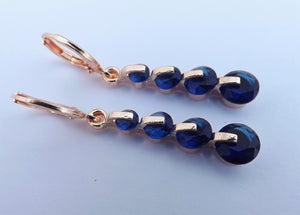 Dark Blue & Rose Gold Tone Drop Earrings on Lever Back Hooks