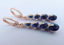 Load image into Gallery viewer, Dark Blue &amp; Rose Gold Tone Drop Earrings on Lever Back Hooks
