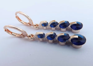 Dark Blue & Rose Gold Tone Drop Earrings on Lever Back Hooks