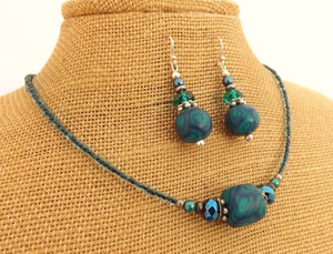 Dark Blue & Teal Koru Kathryn Design Handmade Beads Necklace & Earrings Set