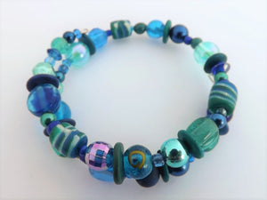 Dark Blue & Teal Mix Beads Memory Wire Bracelet