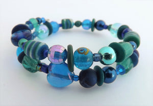 Dark Blue & Teal Mix Beads Memory Wire Bracelet