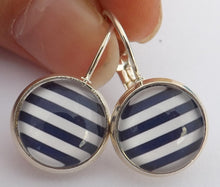 Load image into Gallery viewer, Dark Blue &amp; White Stripes - Silver Tone Dome Earrings on Lever Back Hooks
