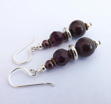 Load image into Gallery viewer, Dark Brown, Purple &amp; Silver Tone Handmade Bead Earrings
