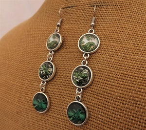 Dark Green Leaves Triple Drop Dome Earrings