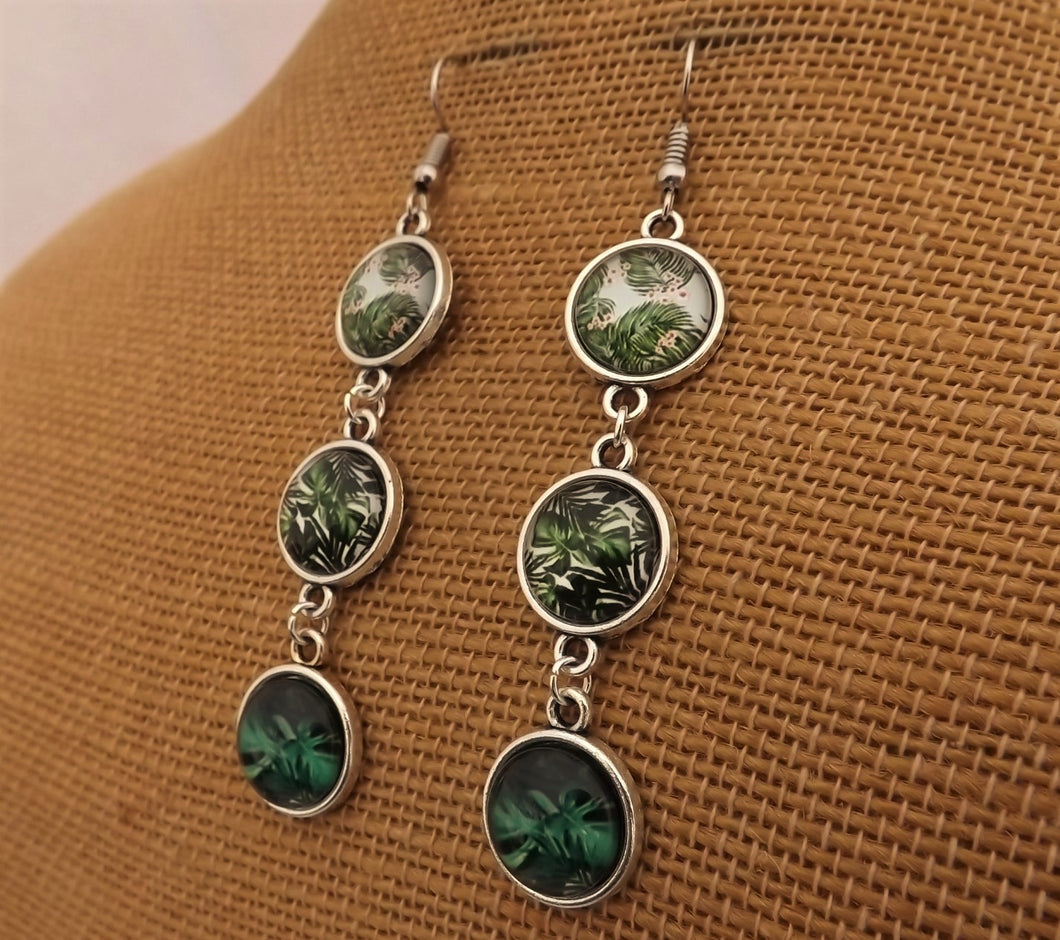 Dark Green Leaves Triple Drop Dome Earrings