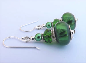 Dark Green Metallic Finish Acrylic Bead Earrings on Sterling Silver Hooks