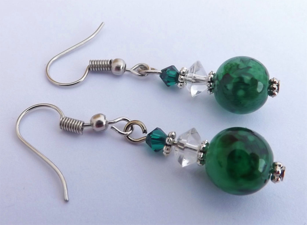 Dark Green & Clear Bead Earrings