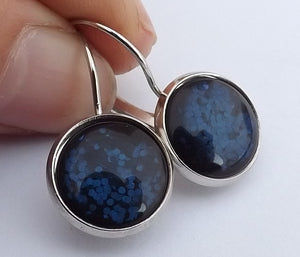 Dark Navy Blue Glitter Dome Earrings on Lever Back Hooks