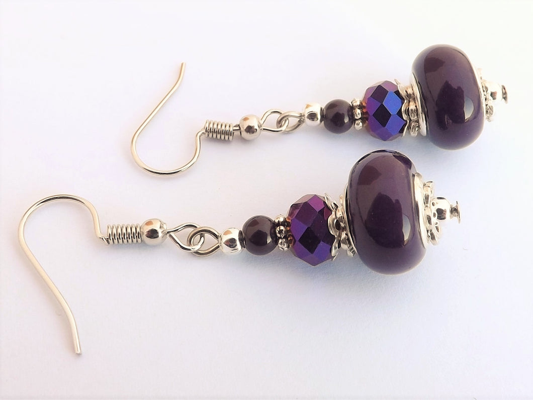 Dark Opaque Warm Purple Acrylic Bead Earrings on Sterling Silver Hooks