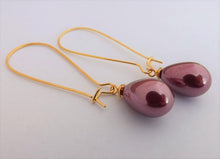 Load image into Gallery viewer, Dark Pink Pearl Finish Teardrop on Long Gold Tone Kidney Hooks
