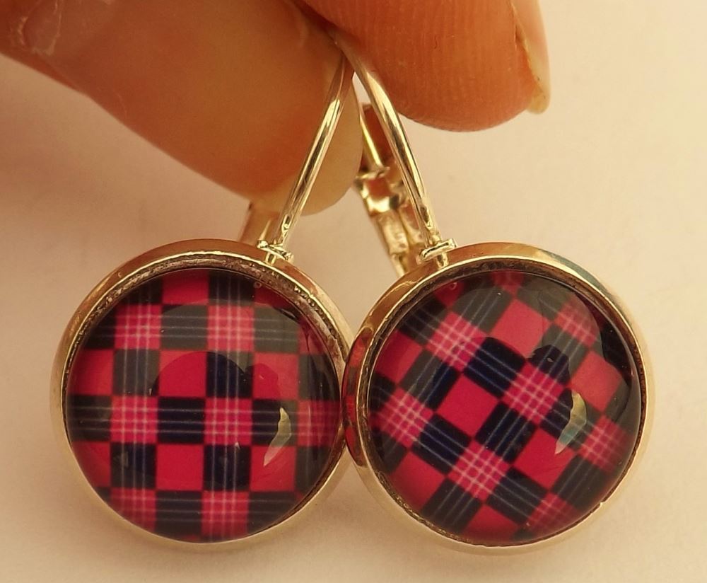 Dark Pink & Black Checkers - Dome Earrings on Lever Back Hooks