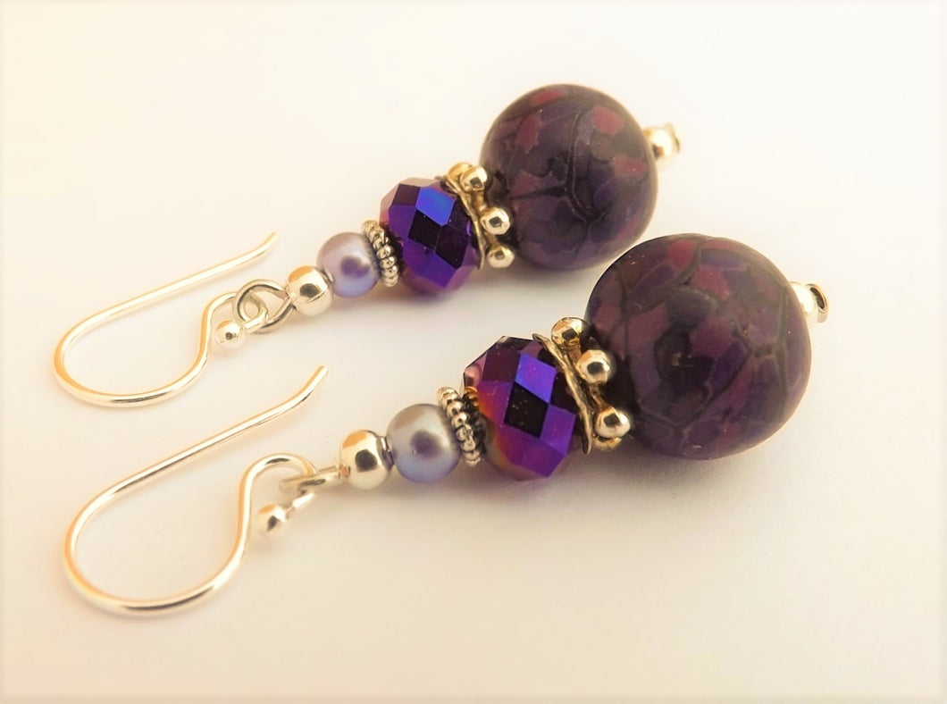 Dark Purple & Black Kathryn Design Bead Earrings on Sterling Silver Hooks