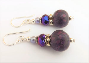 Dark Purple & Black Kathryn Design Bead Earrings on Sterling Silver Hooks