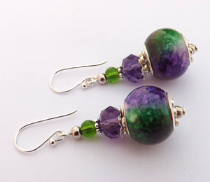 Dark Purple & Green Gradiated Acrylic Bead Earrings on Sterling Silver Hooks