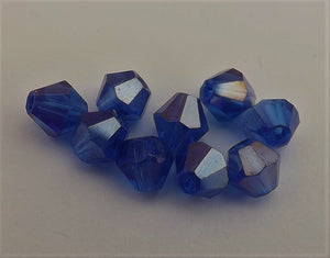 10x Dark Royal Blue AB Lustre 6mm Glass Bicone Beads