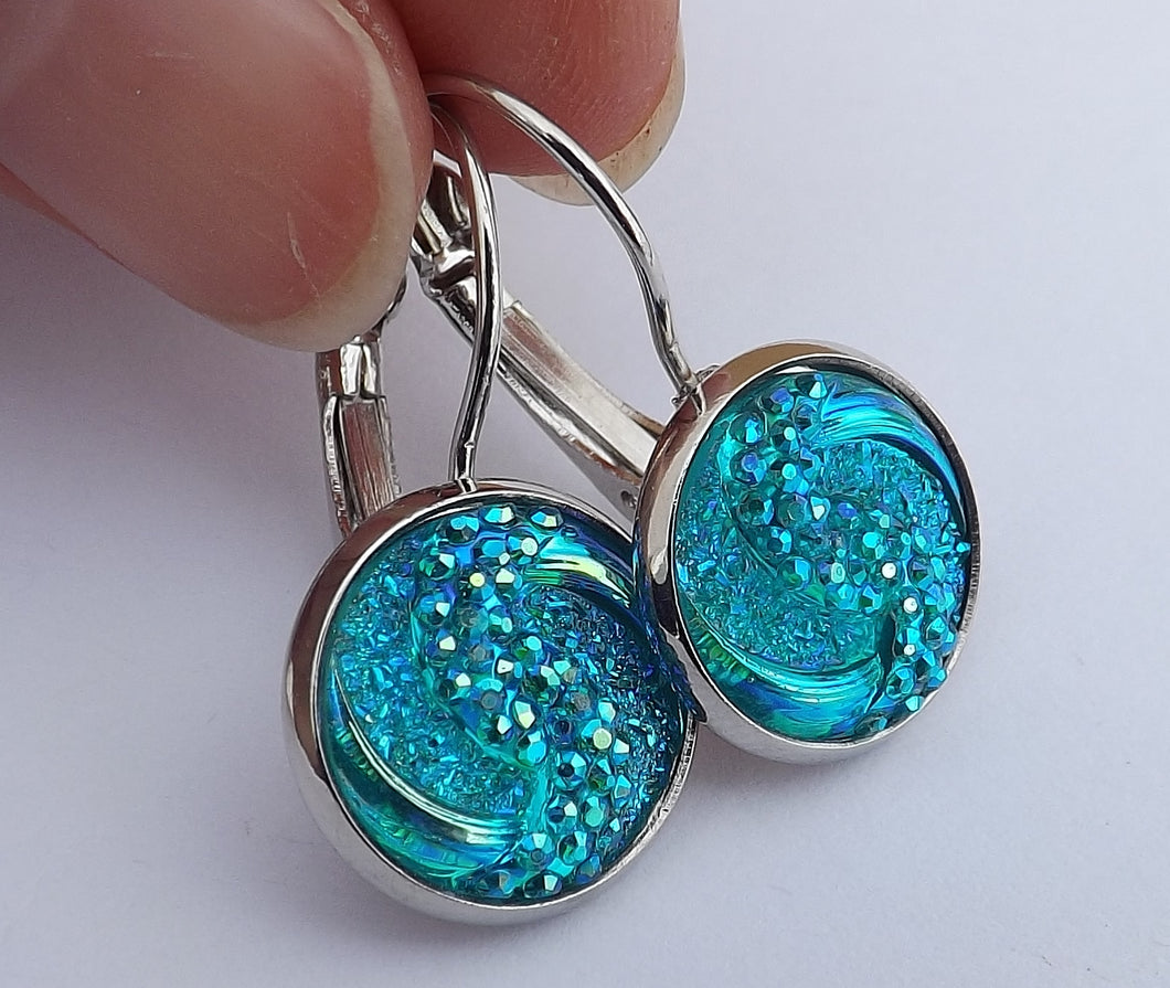 Darker Mid Blue Sparkly Swirl Round Earrings on Lever Back Hooks