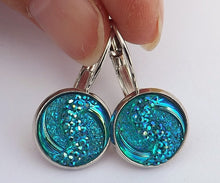 Load image into Gallery viewer, Darker Mid Blue Sparkly Swirl Round Earrings on Lever Back Hooks
