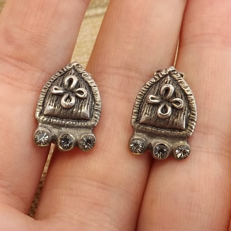 Diamante & Silver Tone Vintage Clip On Earrings