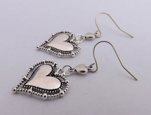 Double Heart Silver Tone Drop Earrings