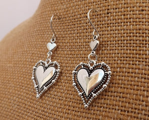 Double Heart Silver Tone Drop Earrings