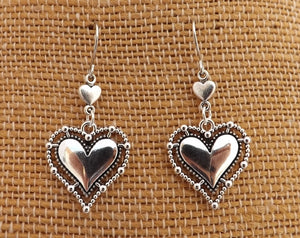 Double Heart Silver Tone Drop Earrings