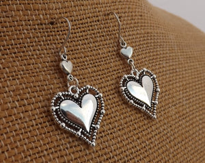 Double Heart Silver Tone Drop Earrings