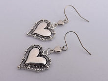 Load image into Gallery viewer, Double Heart Silver Tone Drop Earrings
