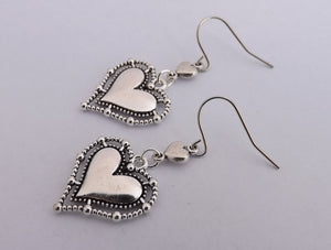 Double Heart Silver Tone Drop Earrings