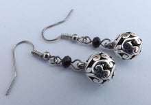 Load image into Gallery viewer, Black Crystal Cut Bead &amp; Hollow Round Silver Tone Drop Earrings
